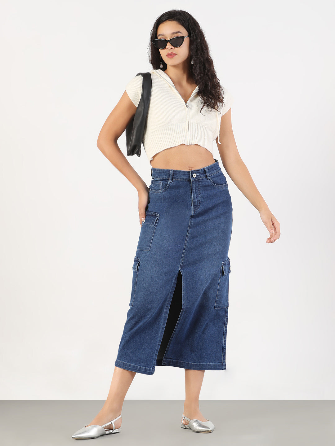 Women Solid Pencil Fit Front Slit Midi Blue Denim Skirt