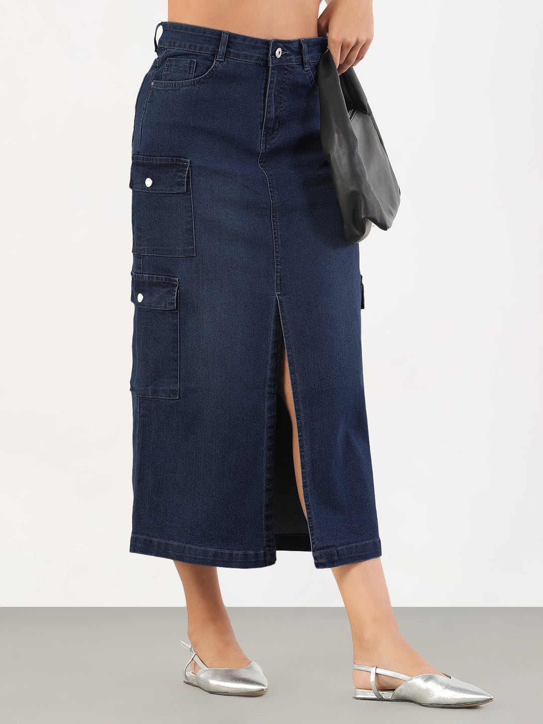 Women's Solid Pencil Fit Front Slit Midi Dark Blue Denim Skirt