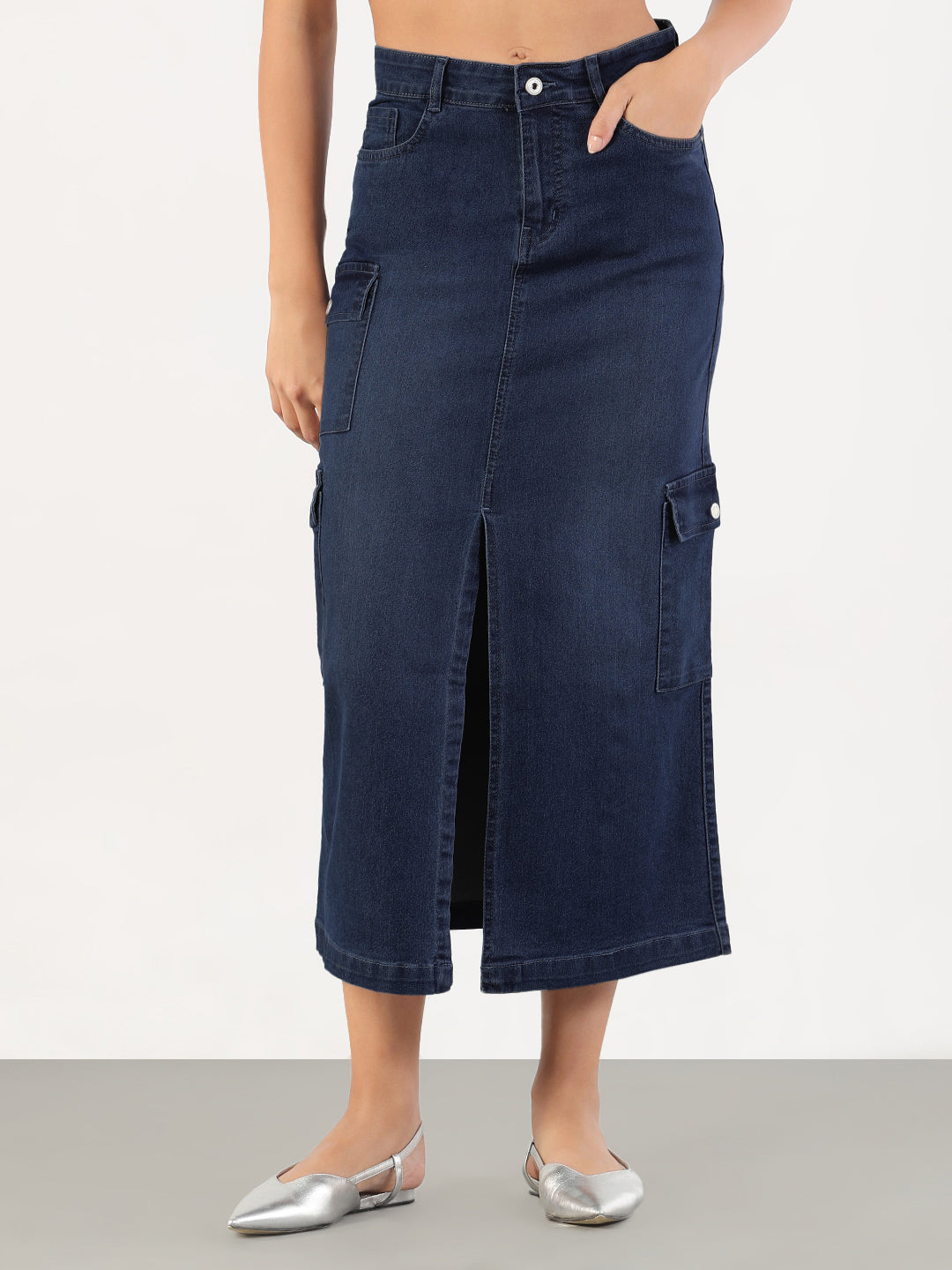 Women's Solid Pencil Fit Front Slit Midi Dark Blue Denim Skirt