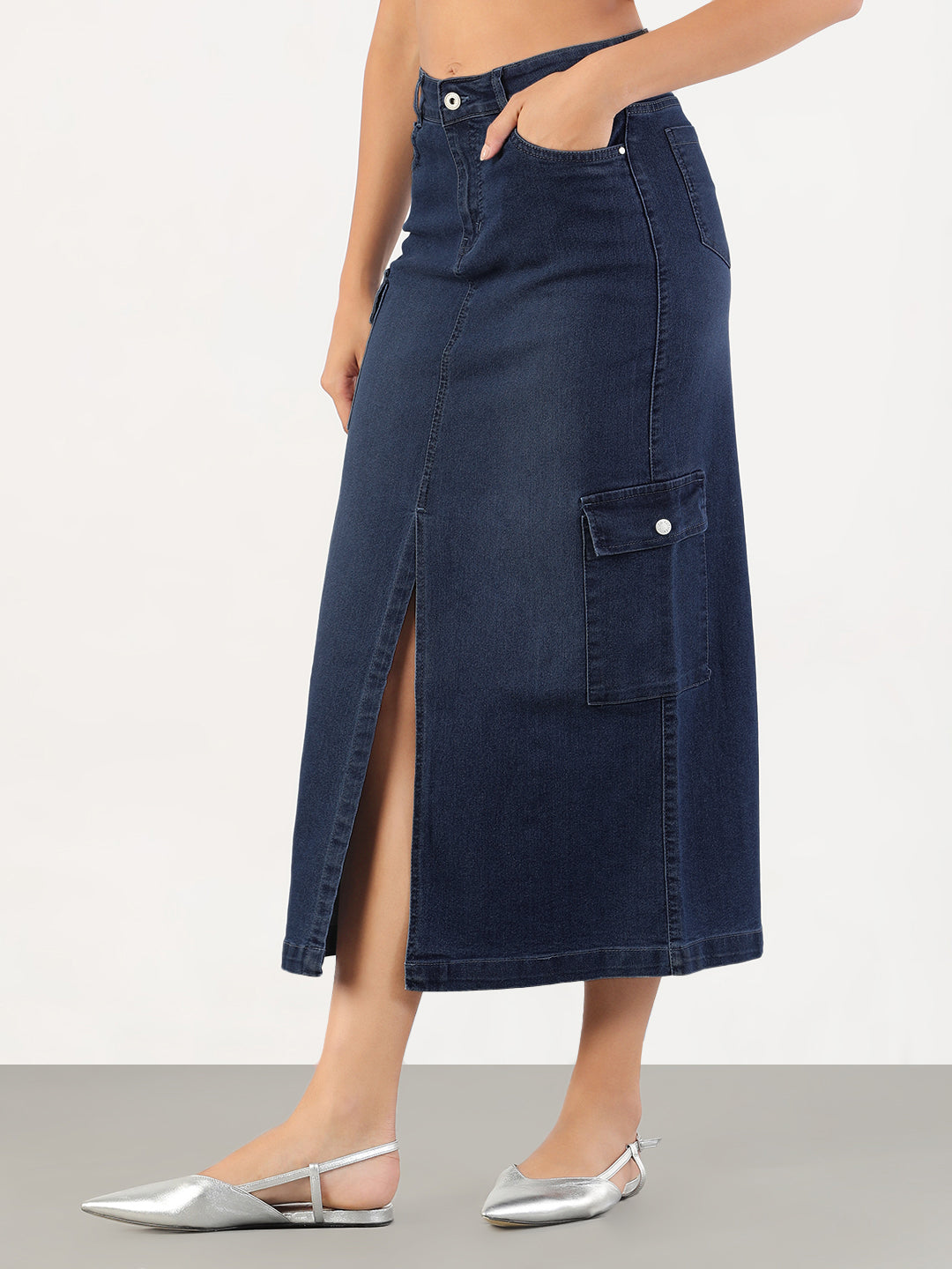 Women's Solid Pencil Fit Front Slit Midi Dark Blue Denim Skirt