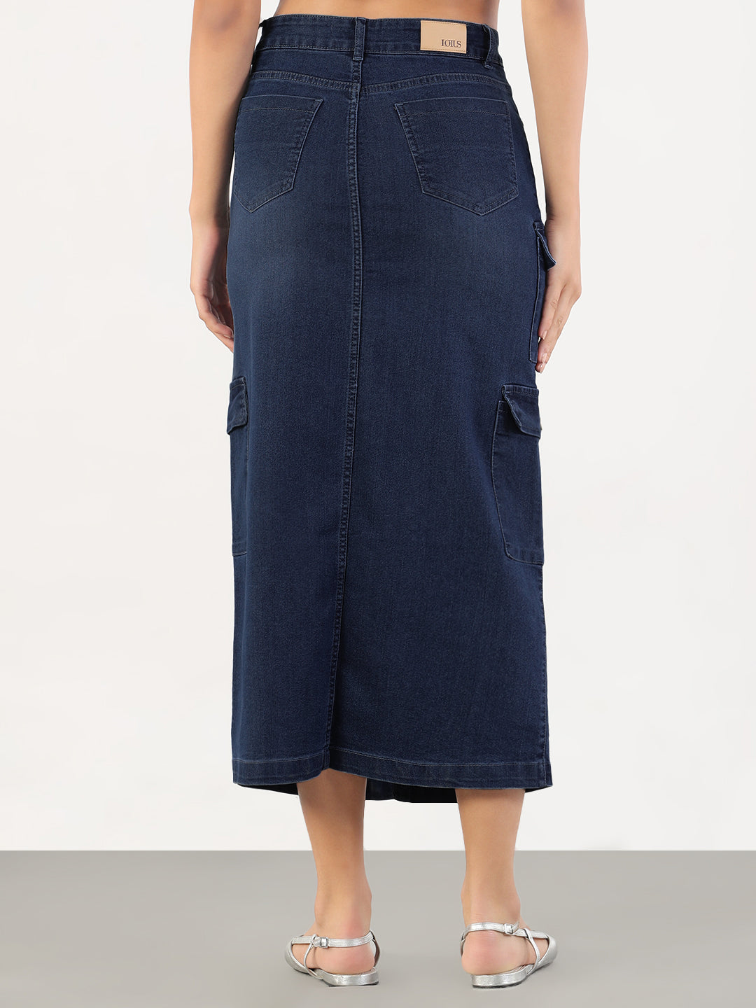 Women's Solid Pencil Fit Front Slit Midi Dark Blue Denim Skirt