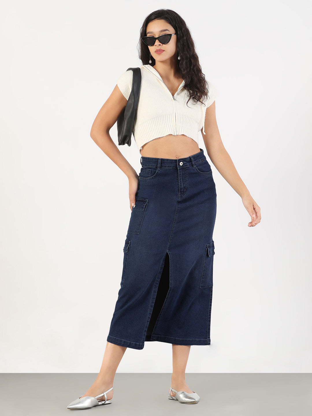 Women's Solid Pencil Fit Front Slit Midi Dark Blue Denim Skirt