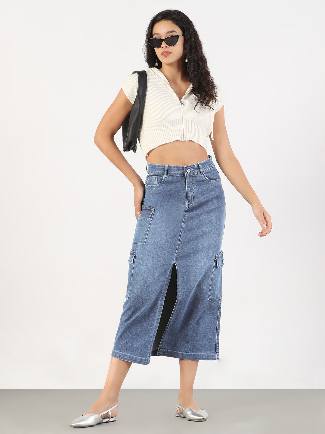 Women's Solid Pencil Fit Front Slit Midi Light Blue Denim Skirt