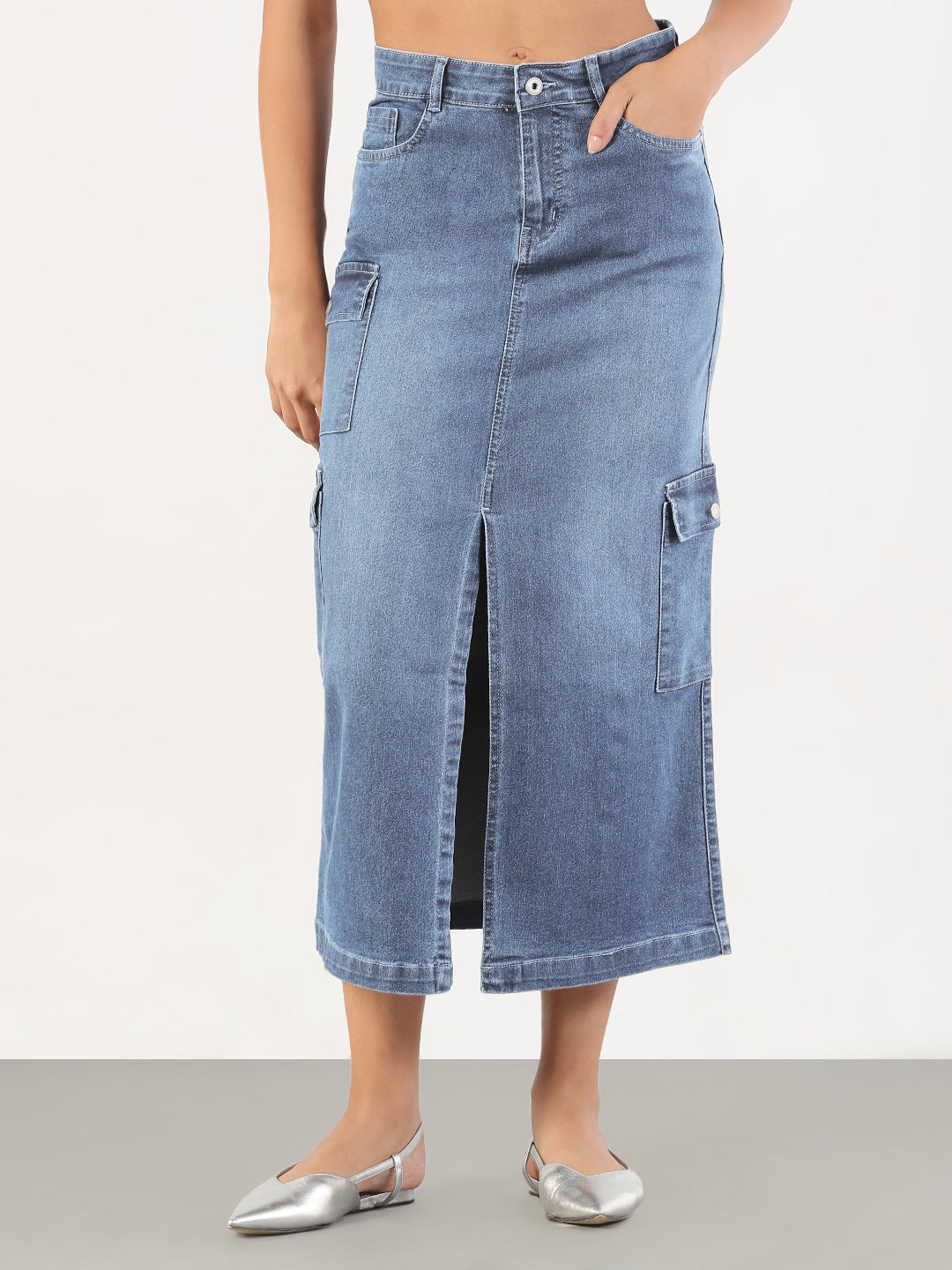 Women's Solid Pencil Fit Front Slit Midi Light Blue Denim Skirt