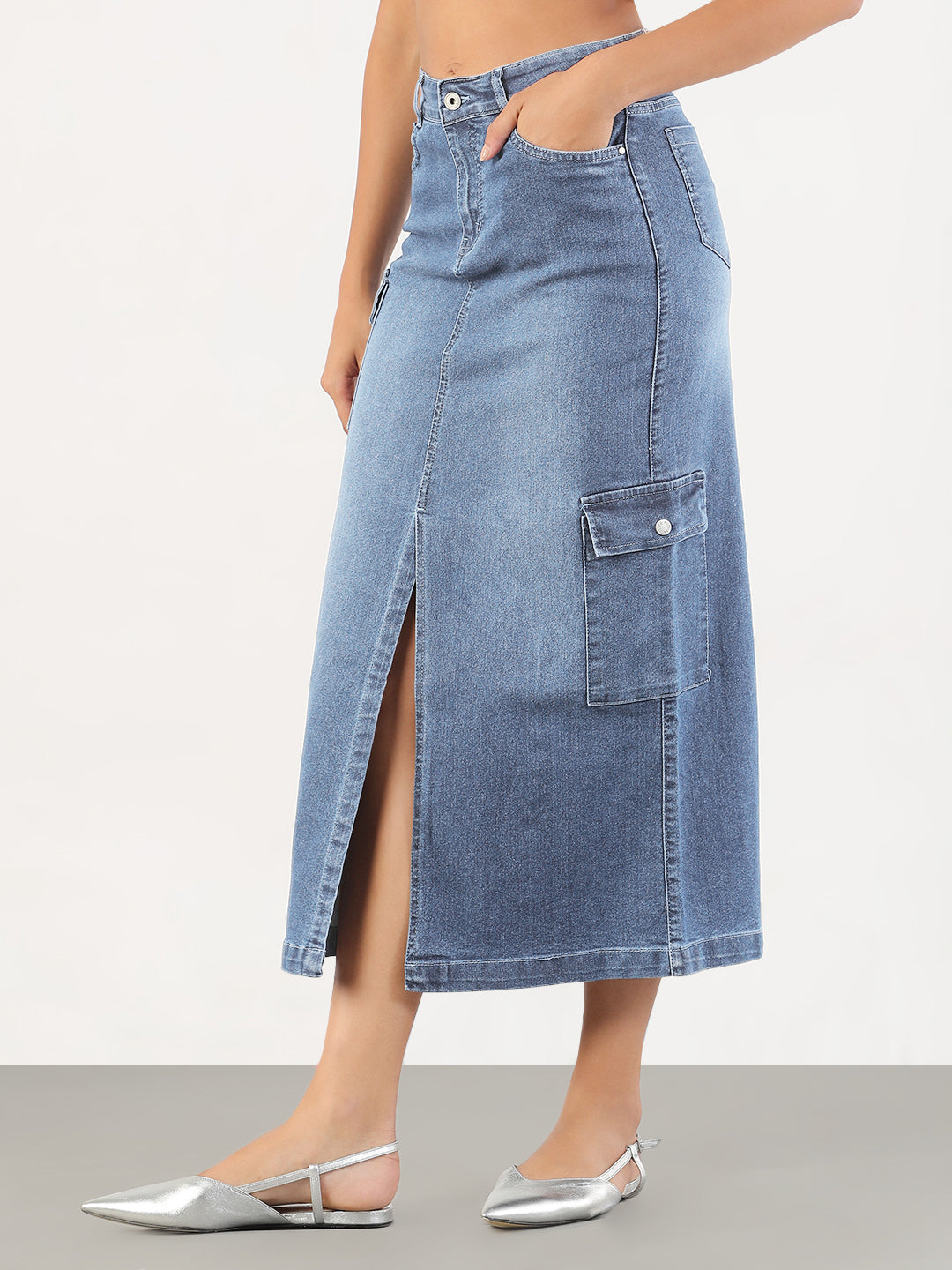 Women's Solid Pencil Fit Front Slit Midi Light Blue Denim Skirt