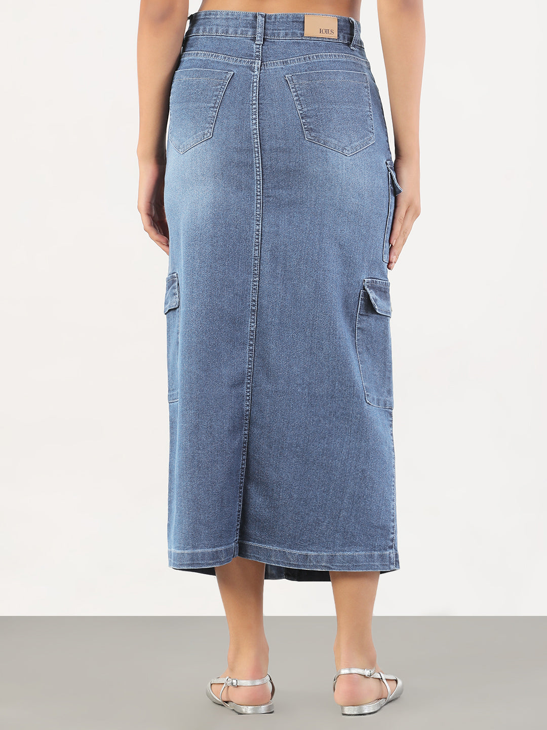 Women's Solid Pencil Fit Front Slit Midi Light Blue Denim Skirt