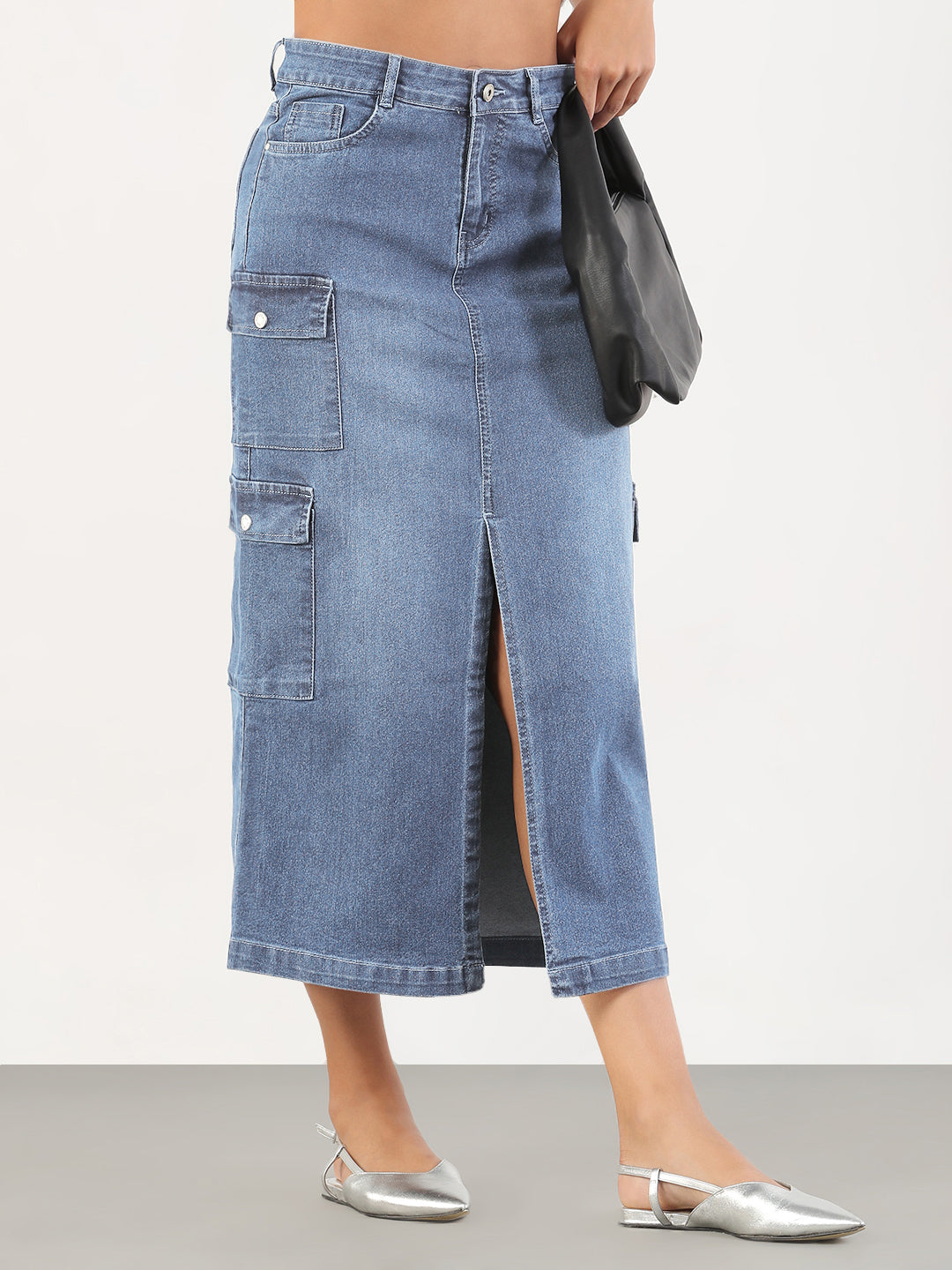 Women's Solid Pencil Fit Front Slit Midi Light Blue Denim Skirt