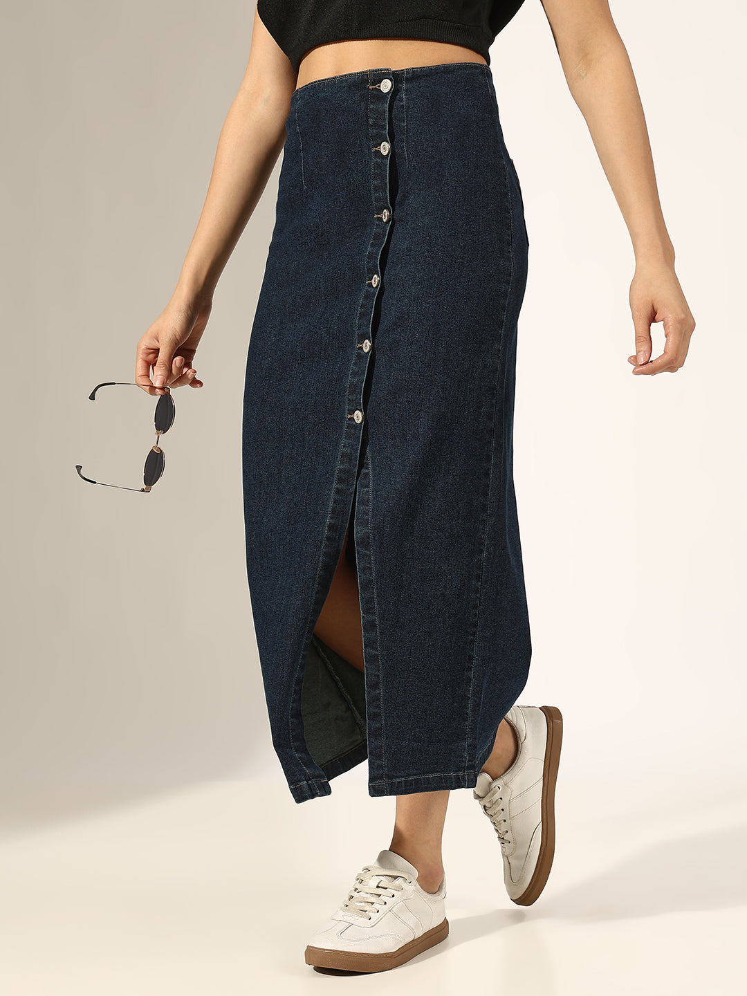 Women's Navy Blue Denim Button-Down Front Slit Skirt