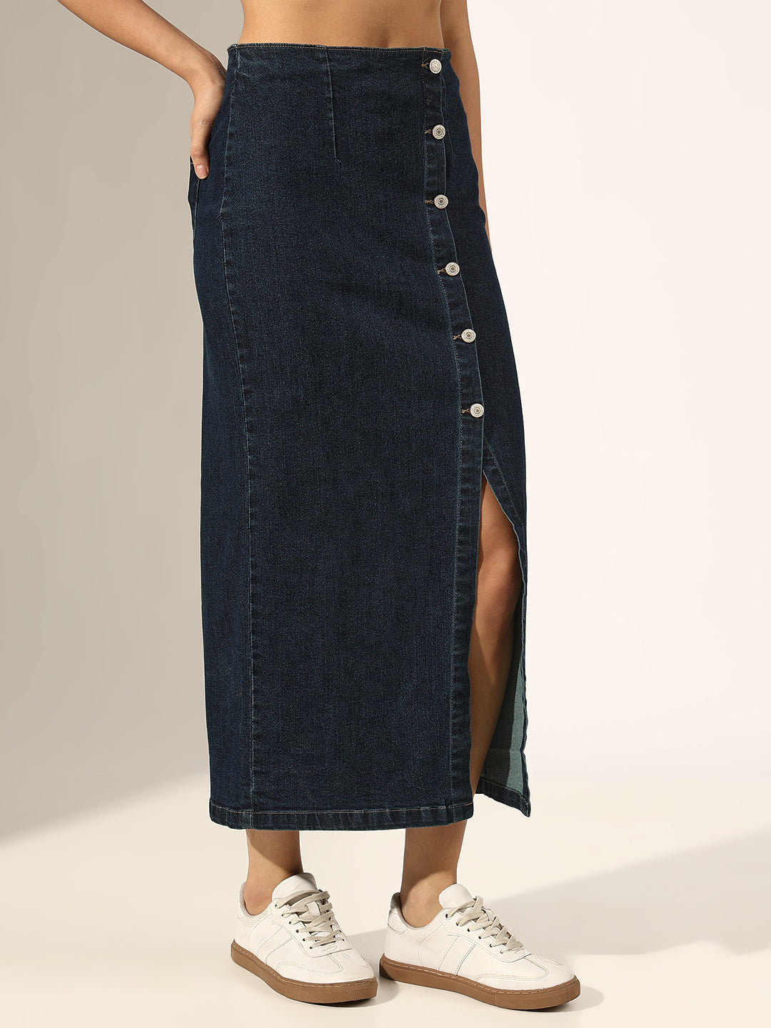 Women's Navy Blue Denim Button-Down Front Slit Skirt