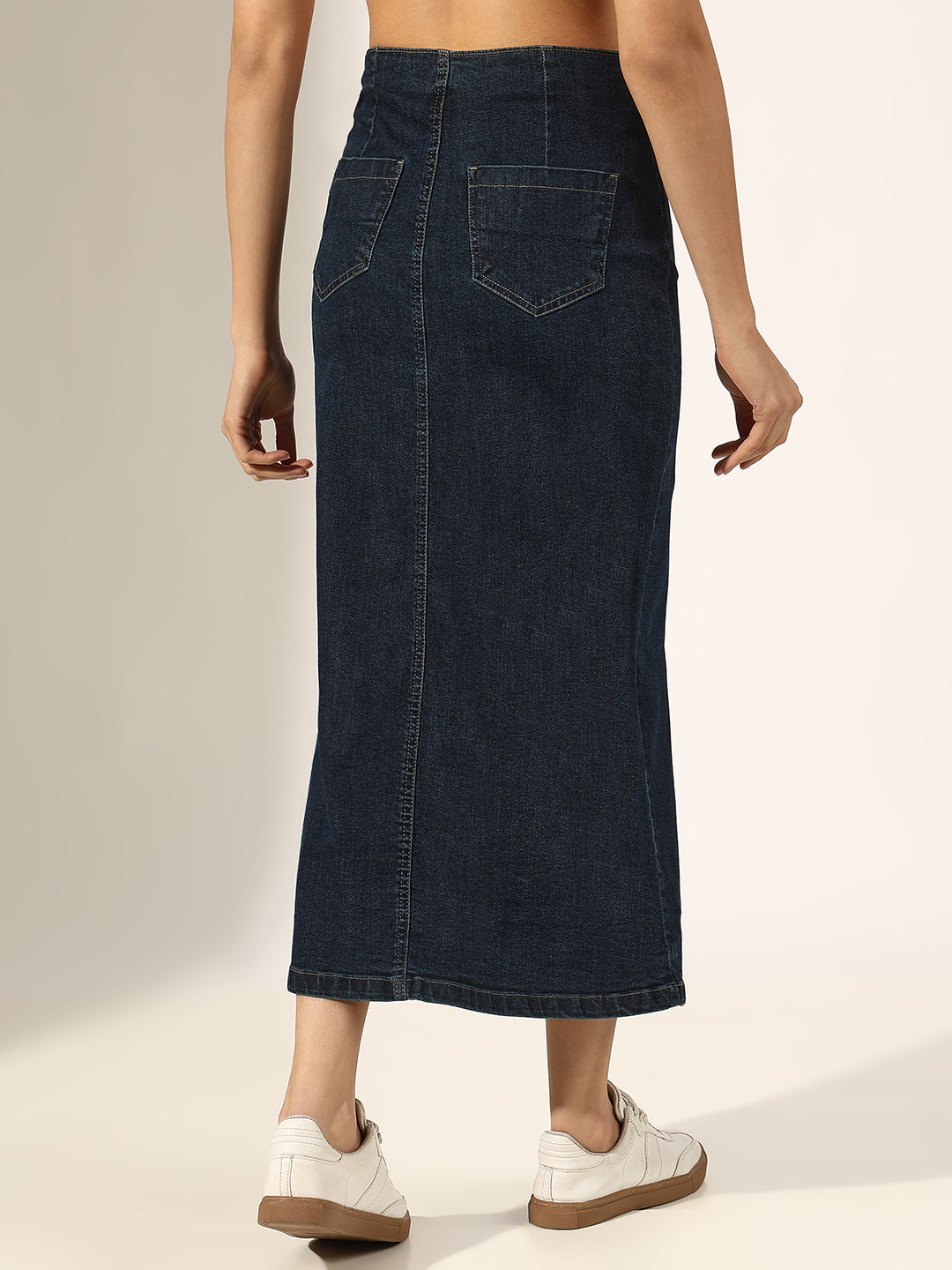 Women's Navy Blue Denim Button-Down Front Slit Skirt