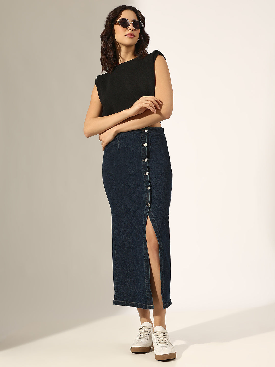 Women's Navy Blue Denim Button-Down Front Slit Skirt