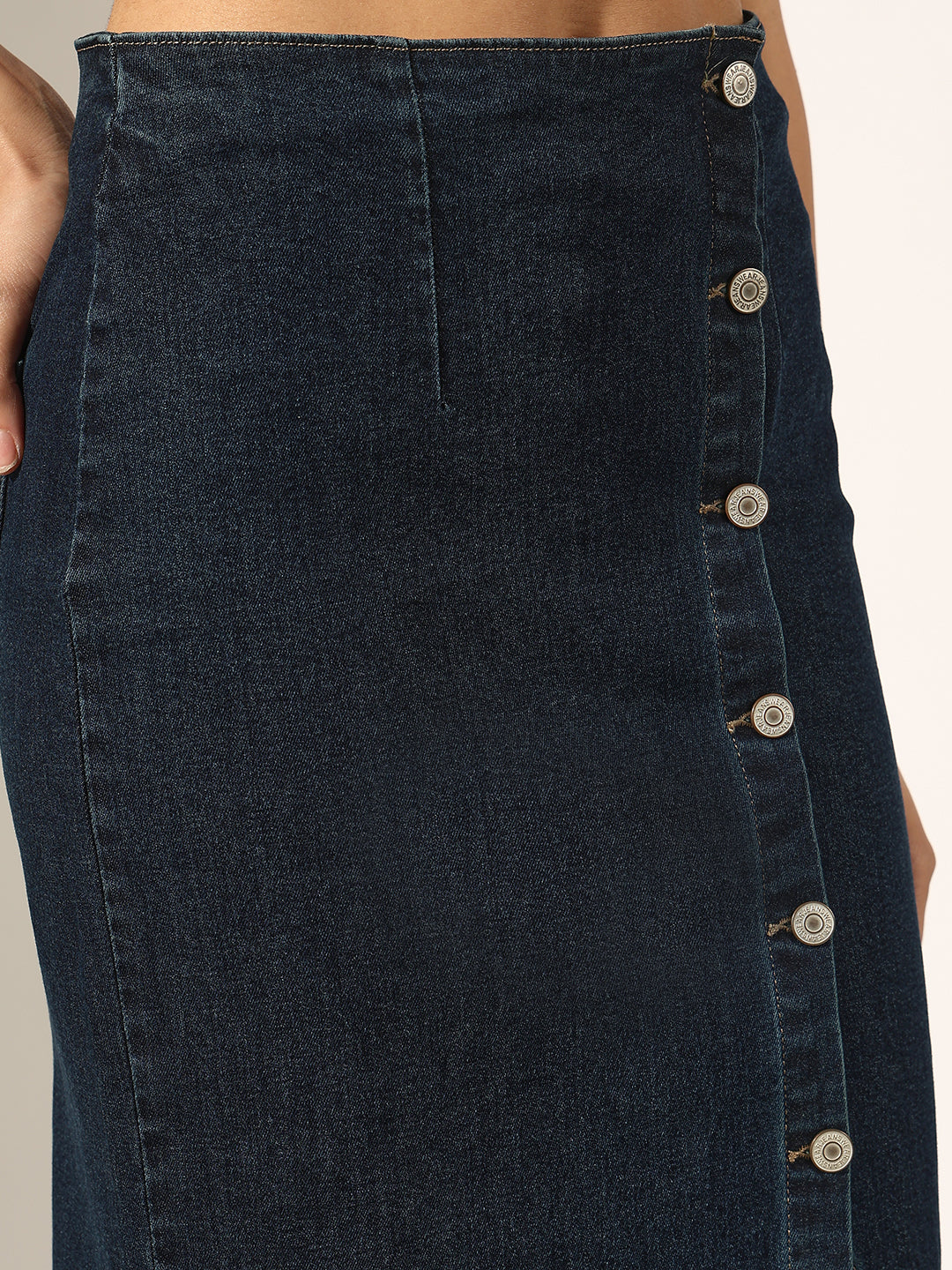 Women's Navy Blue Denim Button-Down Front Slit Skirt