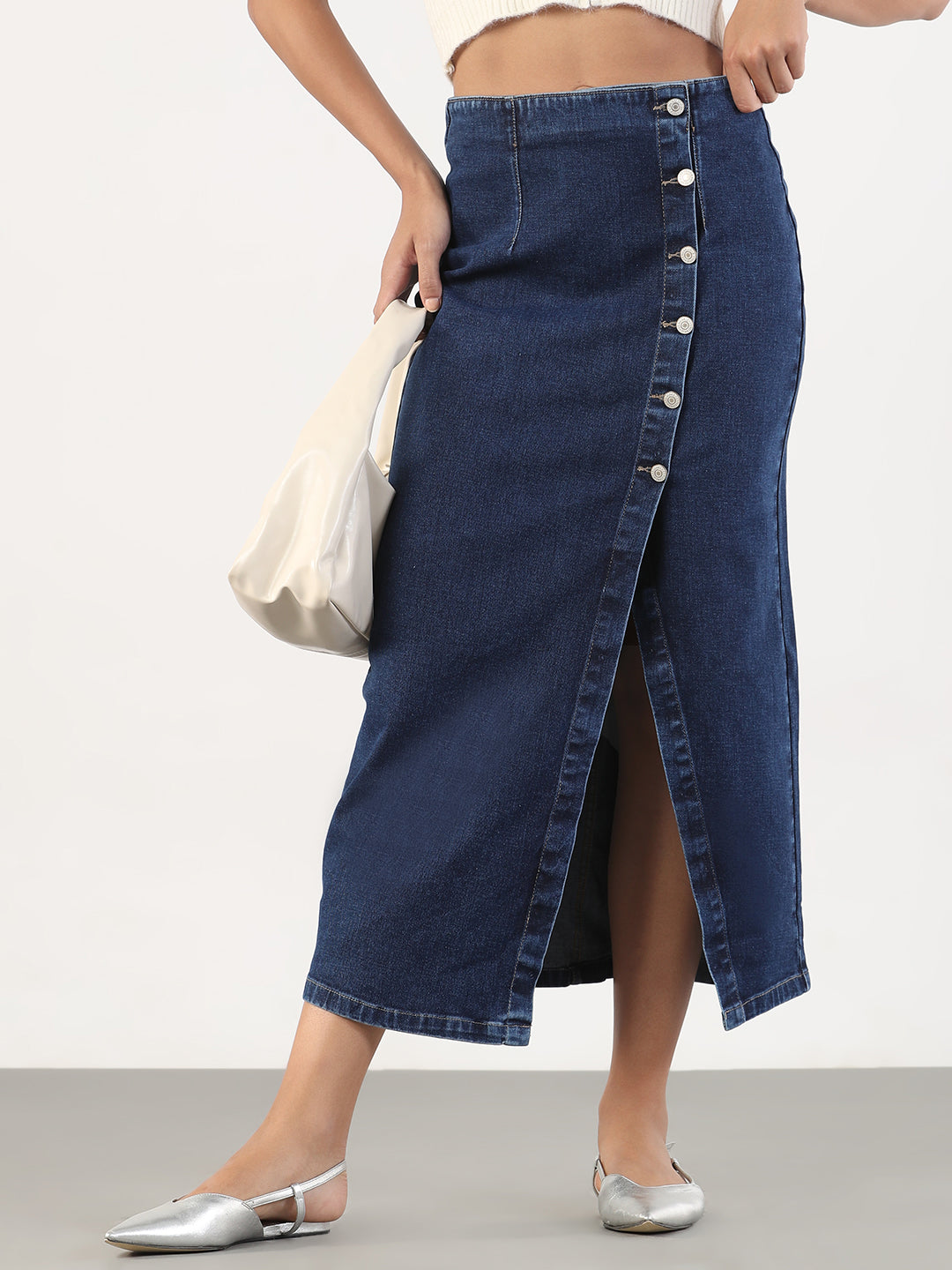 Women Solid Pencil Fit Midi Navy Blue Denim Skirt