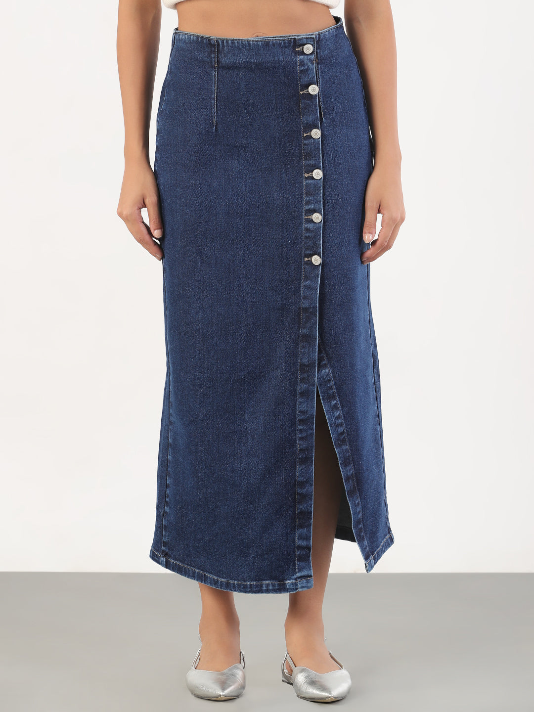 Women Solid Pencil Fit Midi Navy Blue Denim Skirt