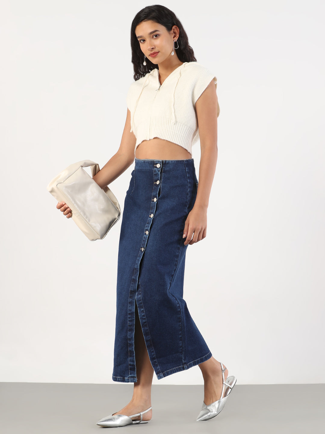 Women Solid Pencil Fit Midi Navy Blue Denim Skirt