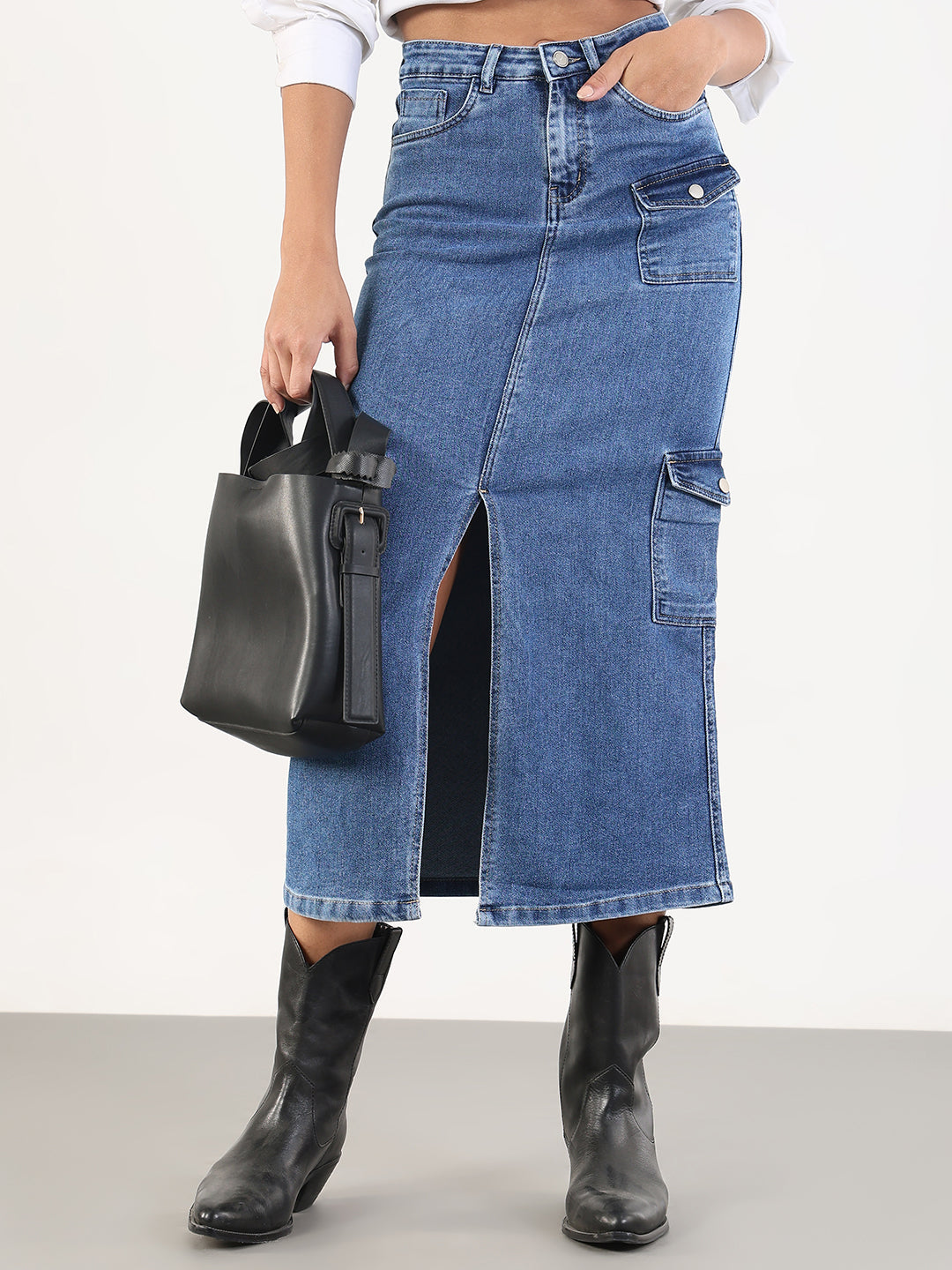 Women Solid Pencil Fit Midi Blue Denim Skirt