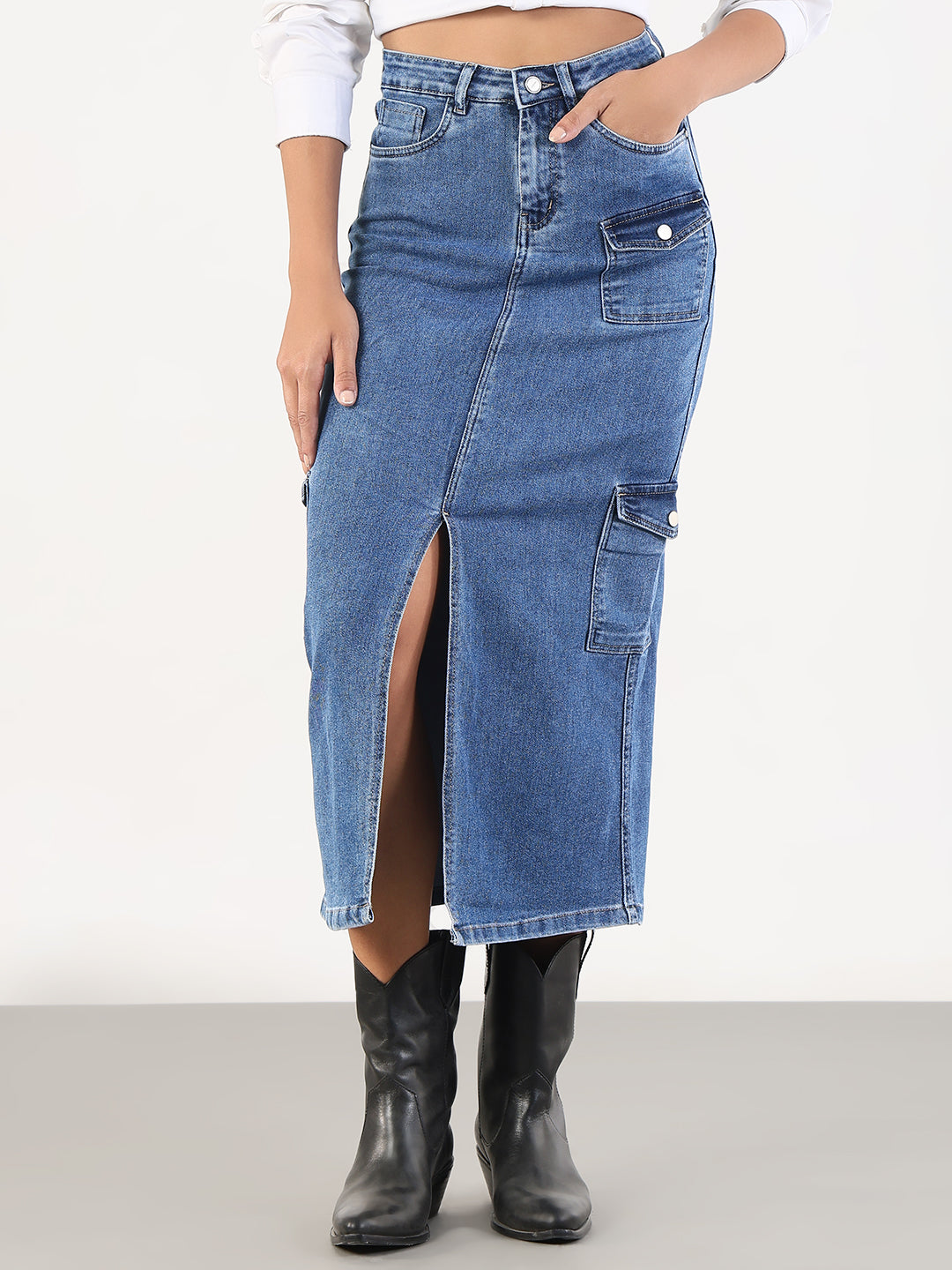 Women Solid Pencil Fit Midi Blue Denim Skirt