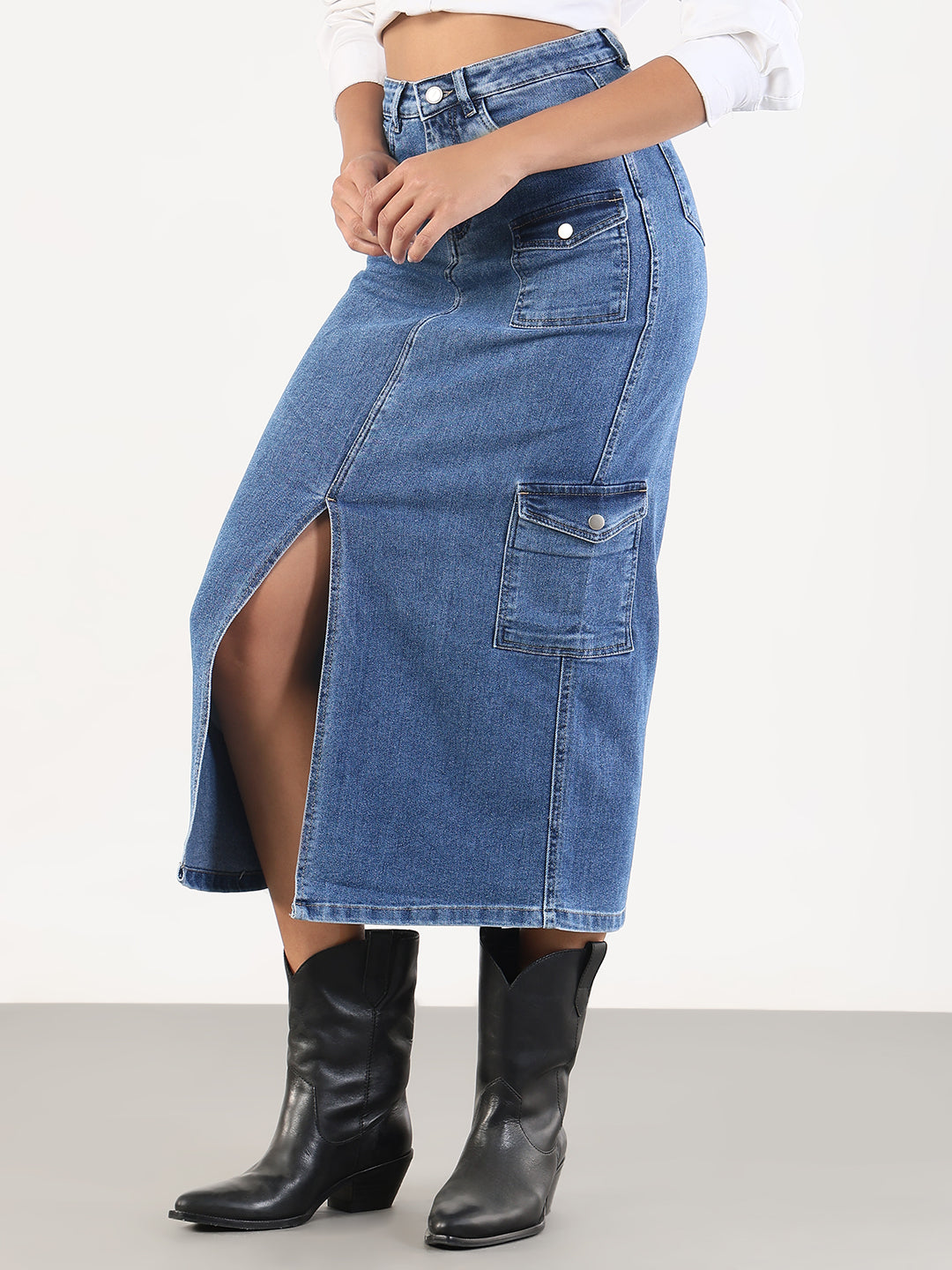 Women Solid Pencil Fit Midi Blue Denim Skirt