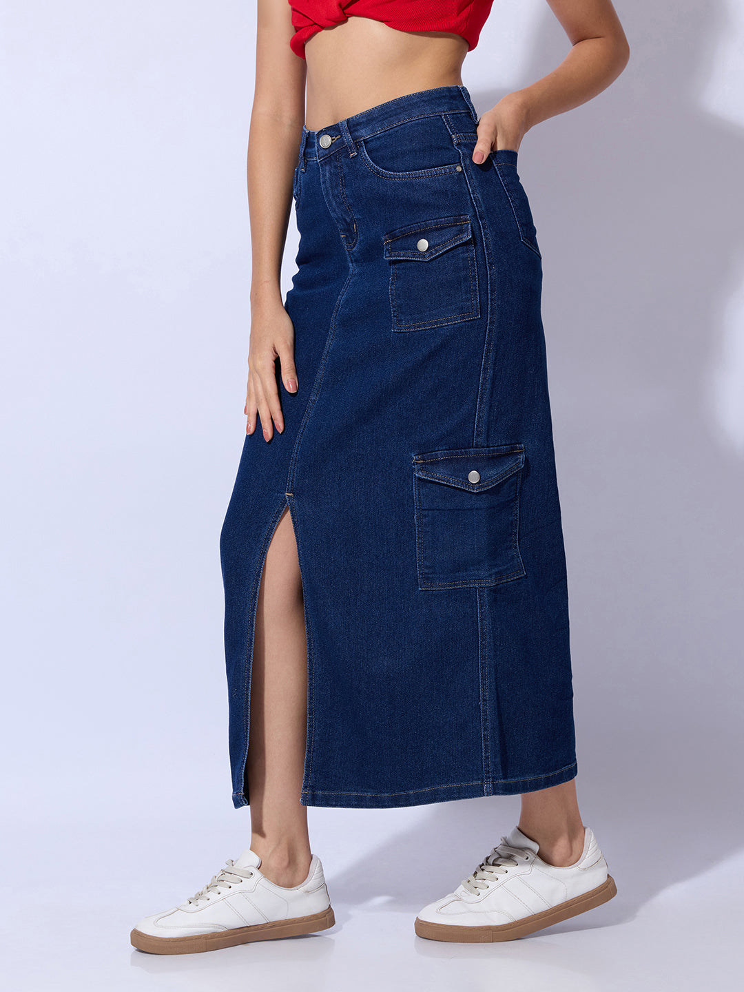 Women's Navy Blue Denim Cargo Skirt with Front Slit