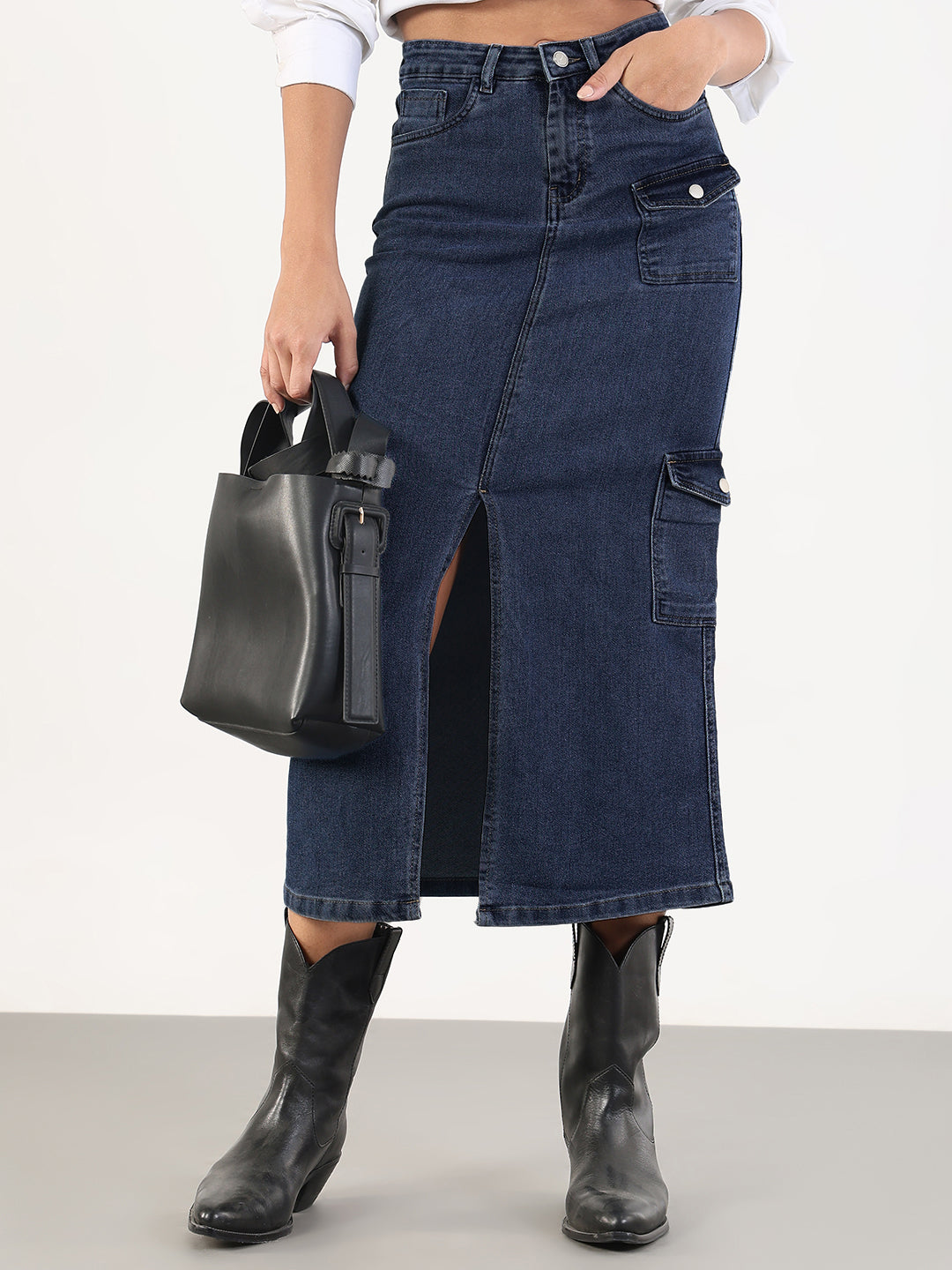 Women's Navy Blue Denim Cargo Skirt with Front Slit