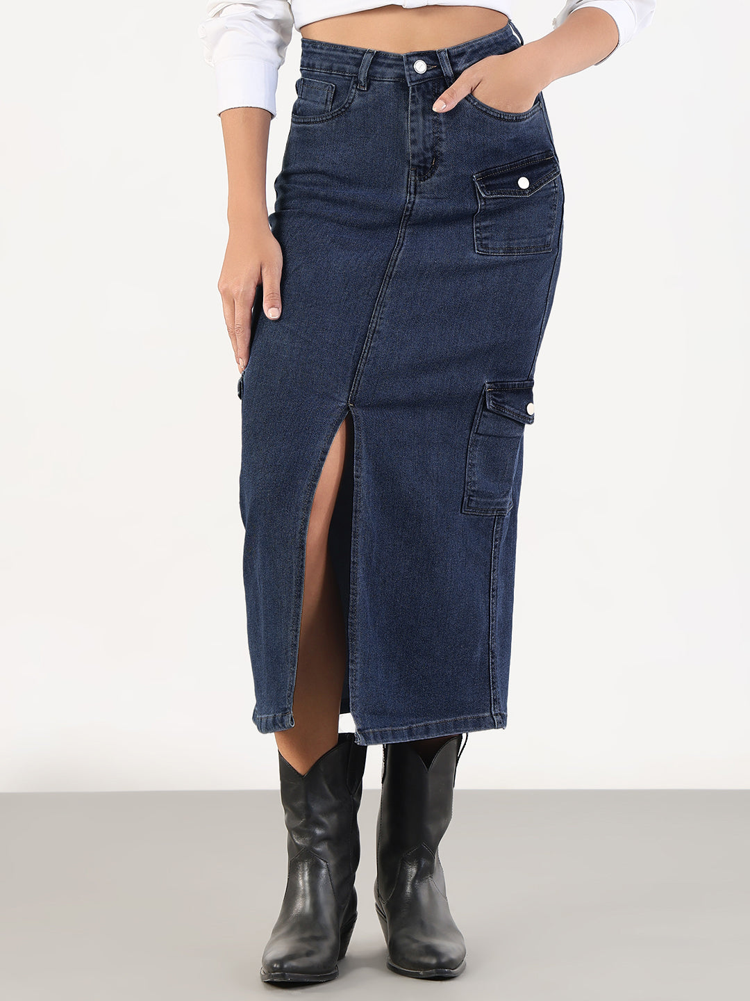 Women's Navy Blue Denim Cargo Skirt with Front Slit