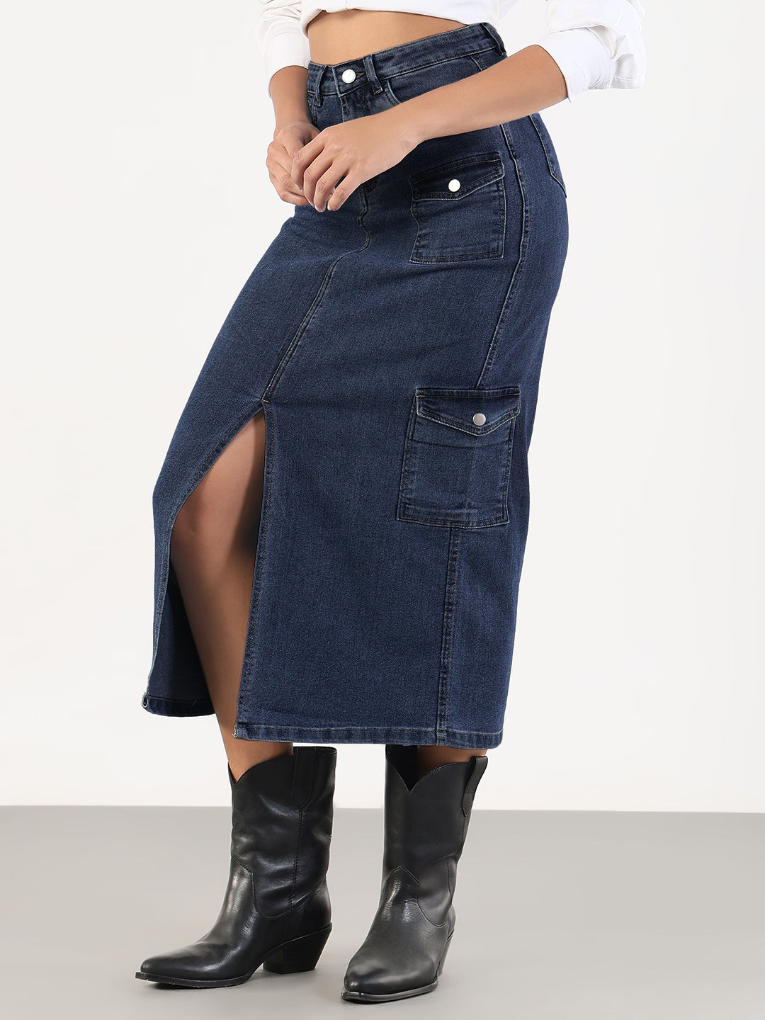Women's Navy Blue Denim Cargo Skirt with Front Slit