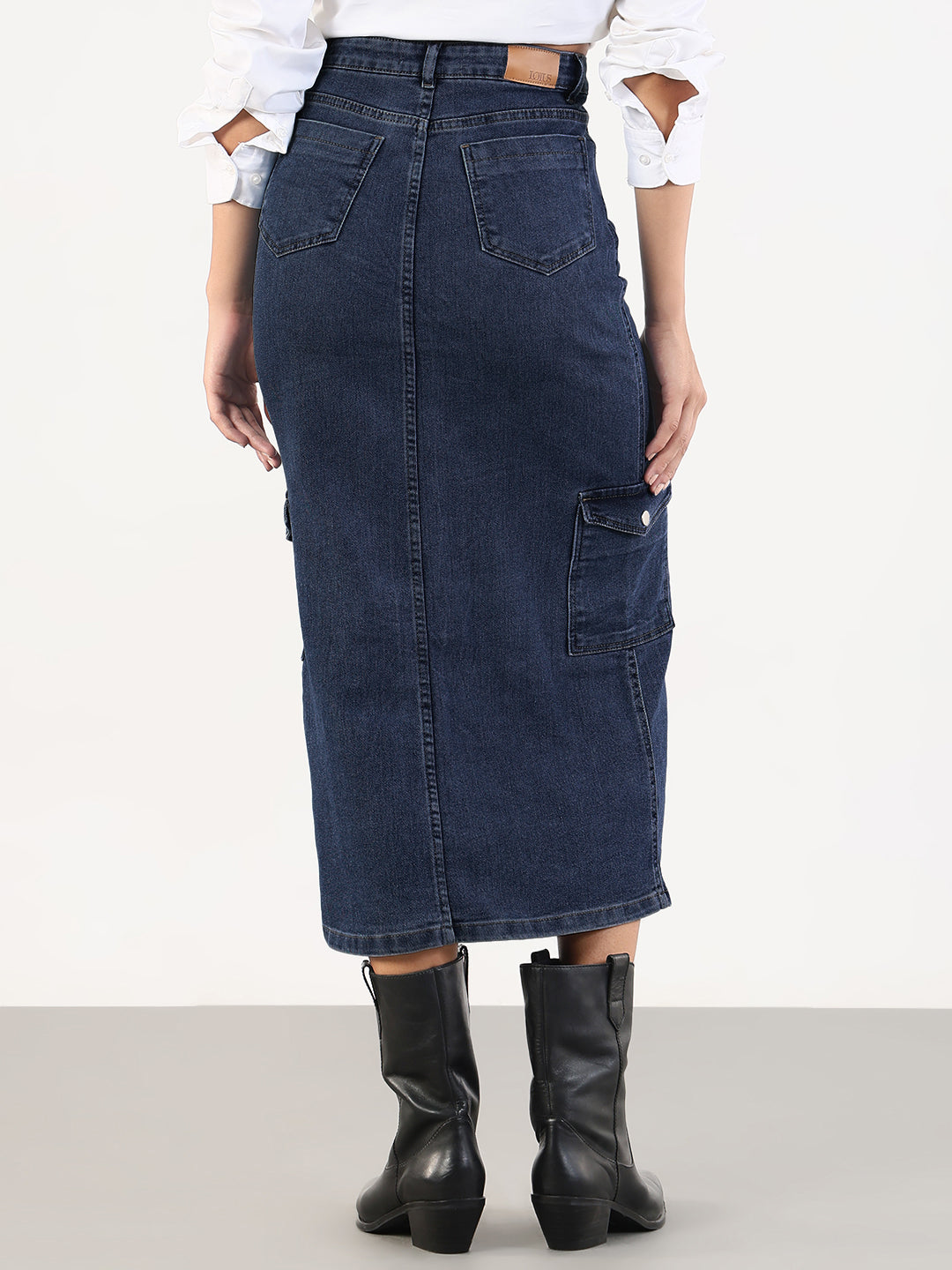 Women's Navy Blue Denim Cargo Skirt with Front Slit