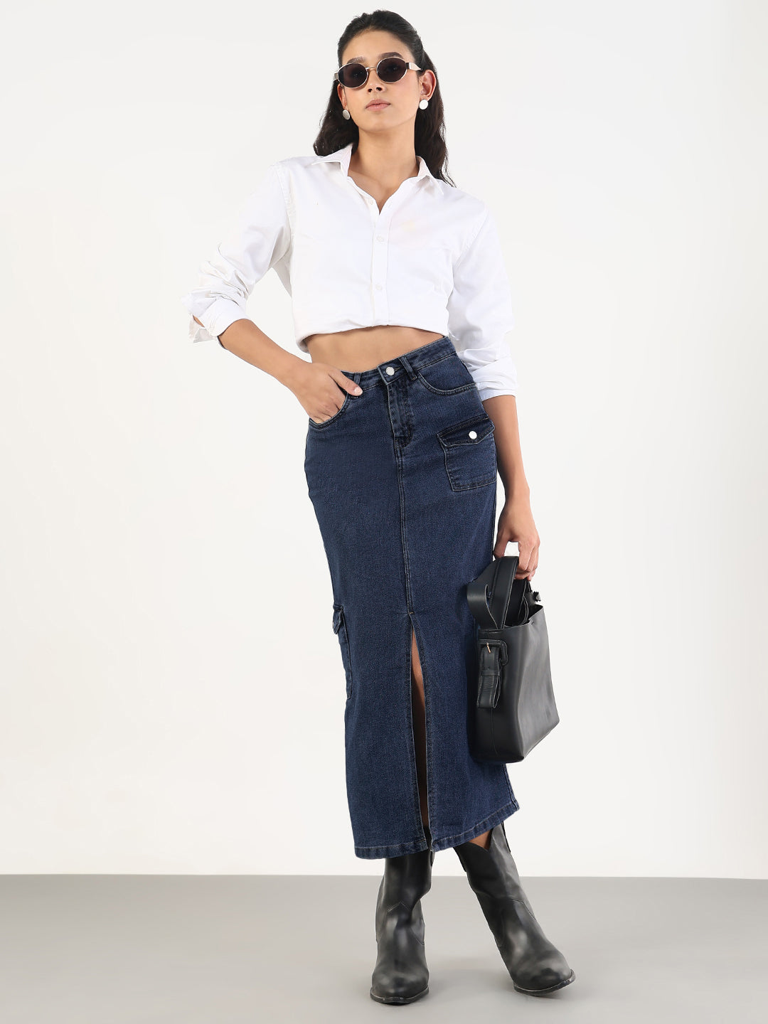 Women's Navy Blue Denim Cargo Skirt with Front Slit