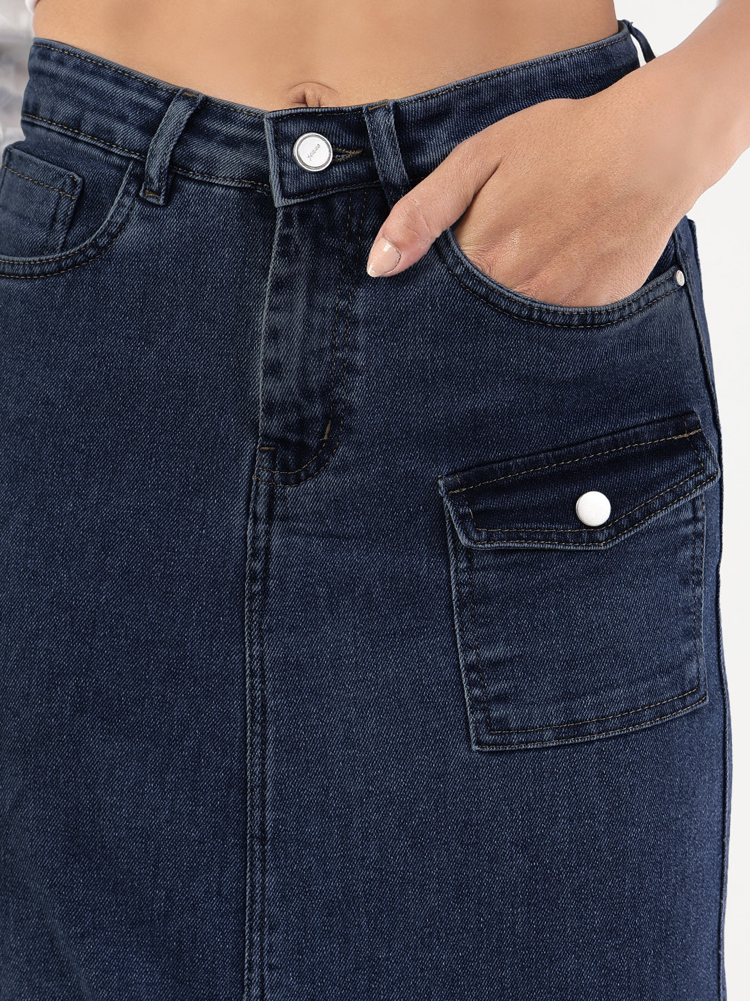 Women's Navy Blue Denim Cargo Skirt with Front Slit