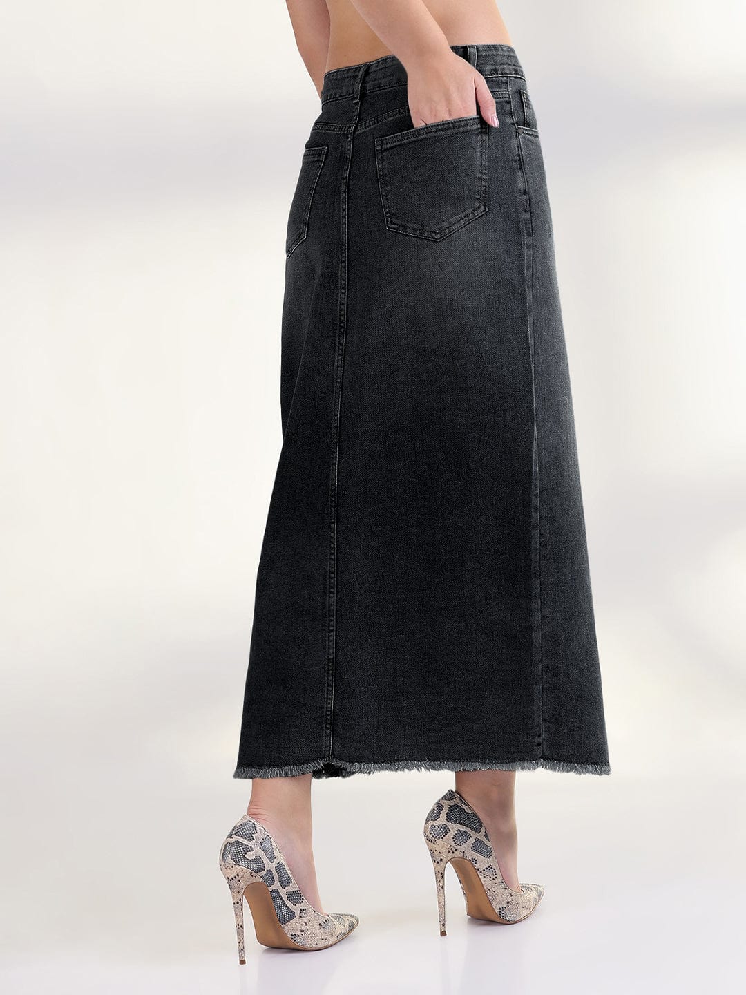 Women's Black Pencil Maxi Denim Skirt with Front Slit