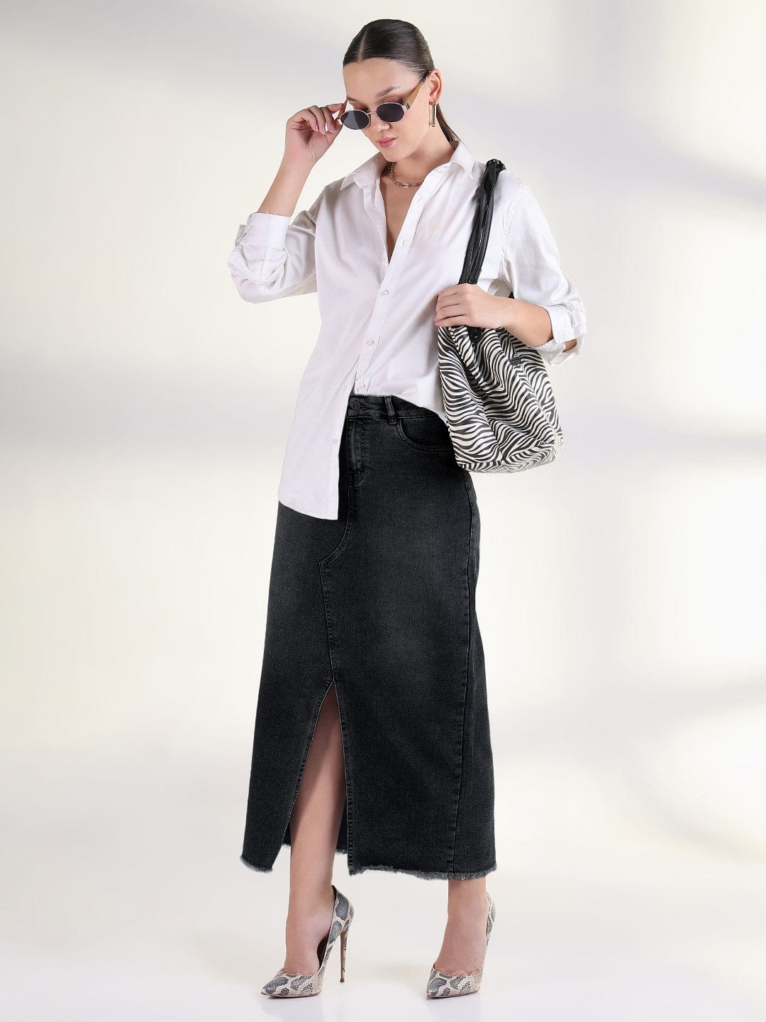 Women's Black Pencil Maxi Denim Skirt with Front Slit