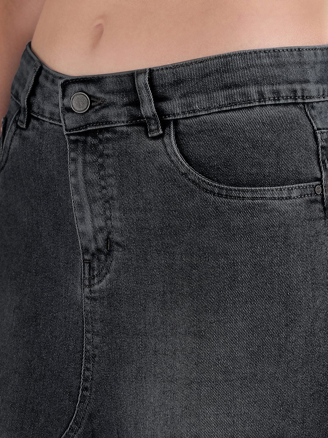 Women's Black Pencil Maxi Denim Skirt with Front Slit