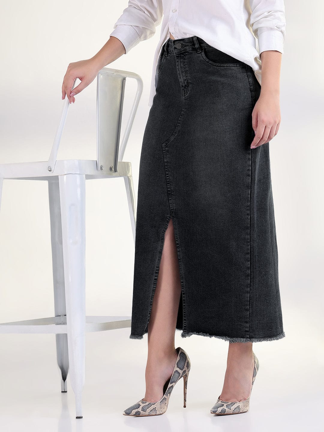 Women's Black Pencil Maxi Denim Skirt with Front Slit