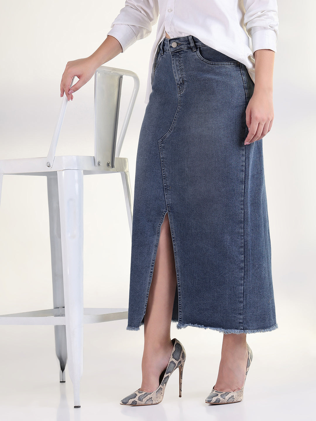 Women's Dark Blue Pencil Maxi Denim Skirt with Front Slit