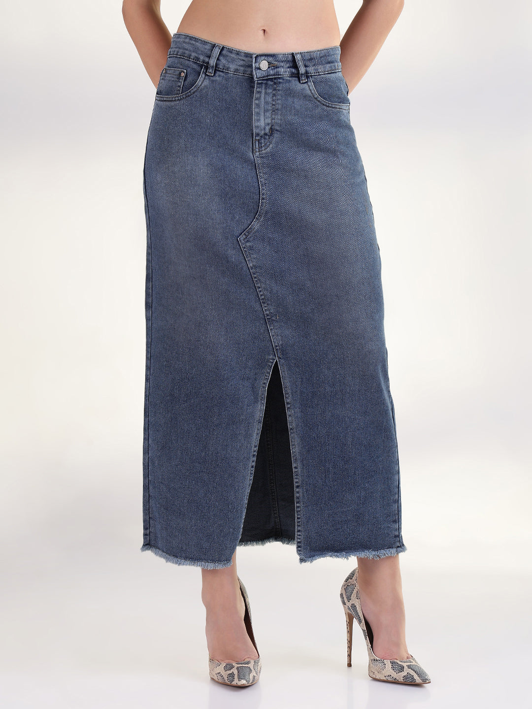 Women's Dark Blue Pencil Maxi Denim Skirt with Front Slit
