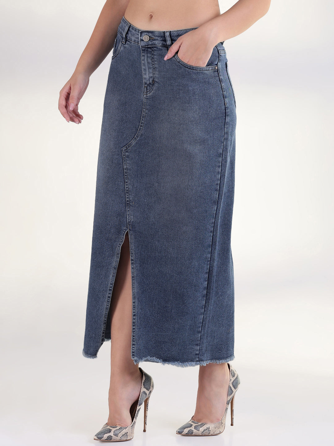 Women's Dark Blue Pencil Maxi Denim Skirt with Front Slit