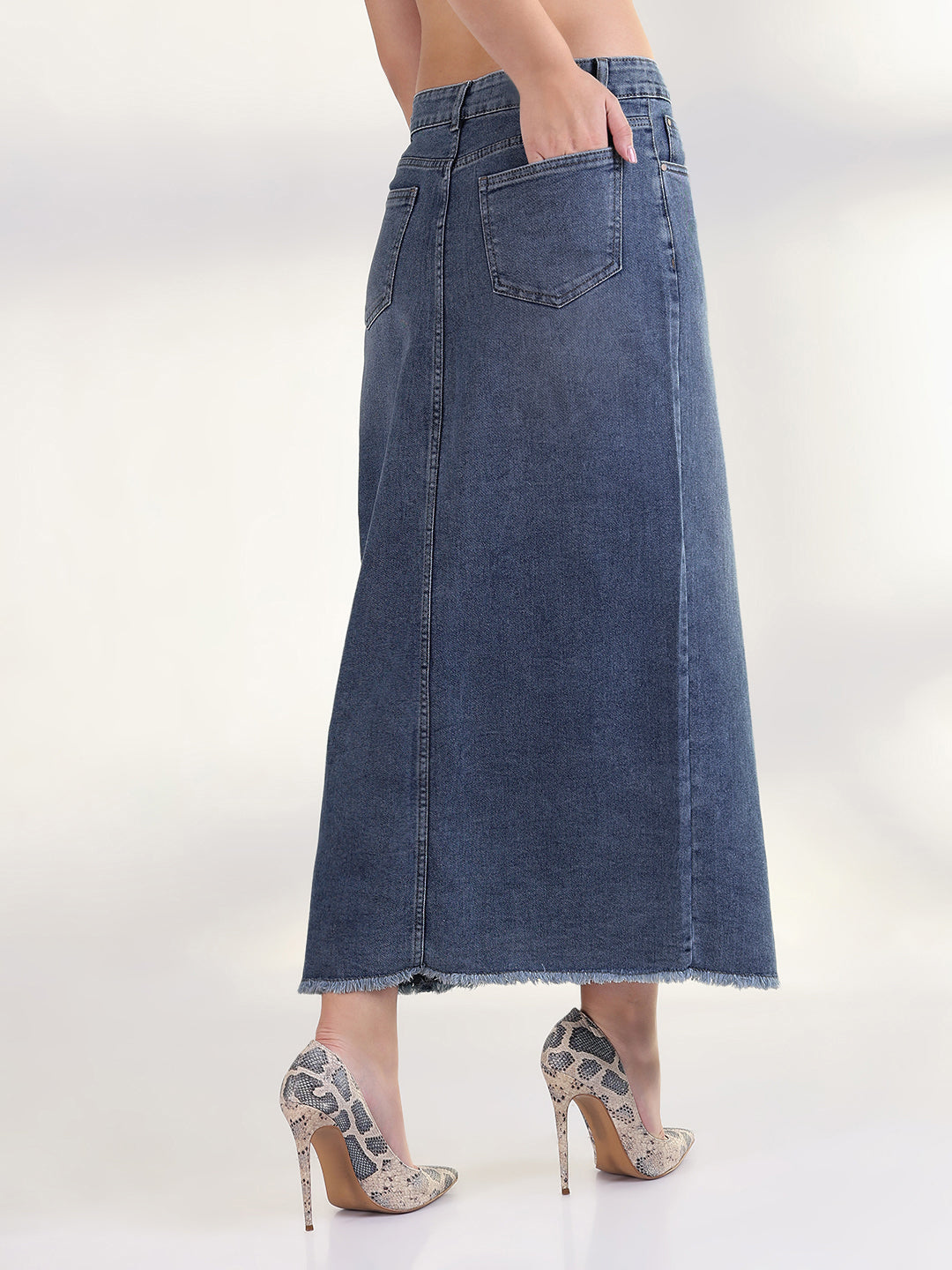 Women's Dark Blue Pencil Maxi Denim Skirt with Front Slit