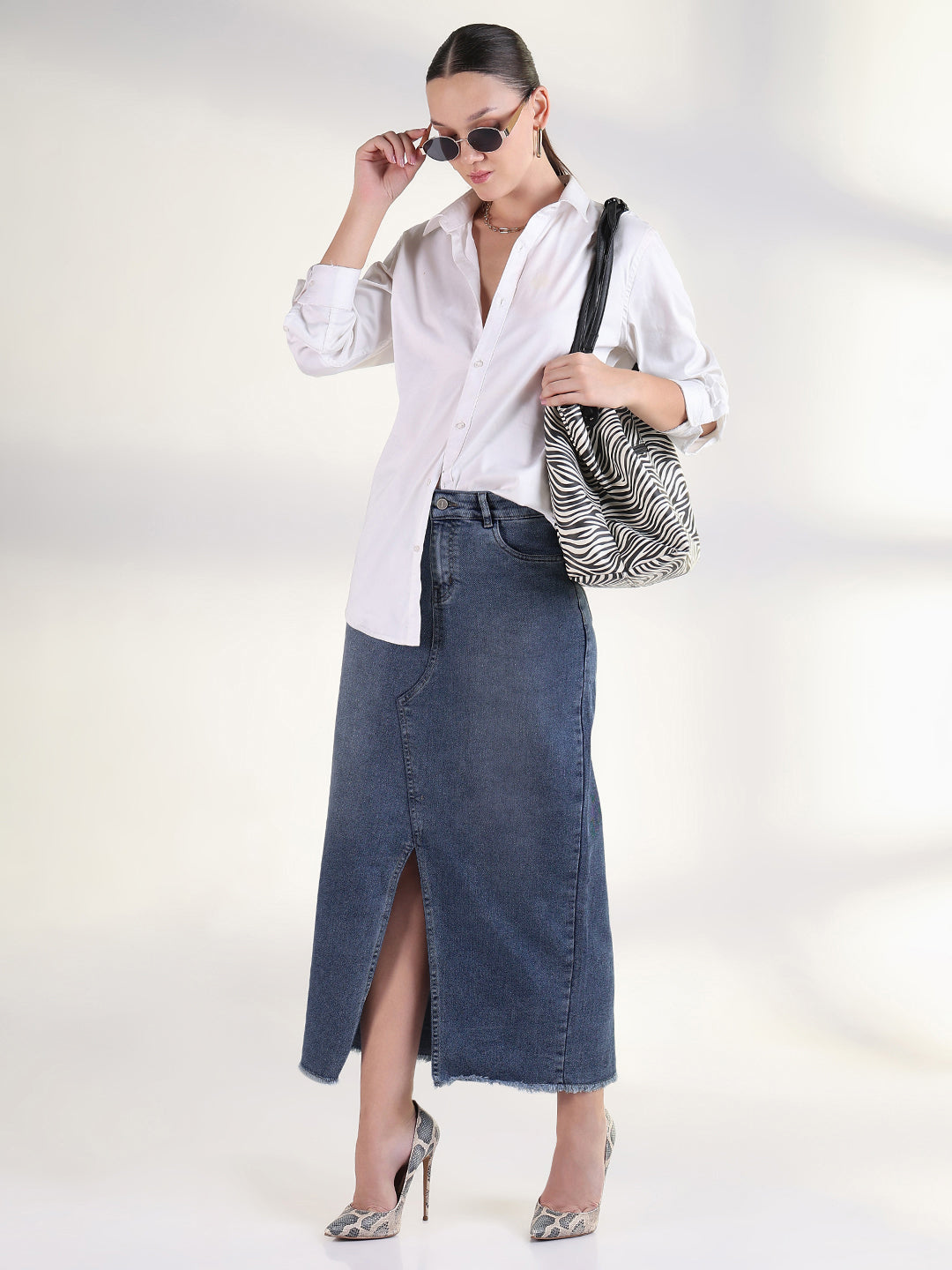 Women's Dark Blue Pencil Maxi Denim Skirt with Front Slit
