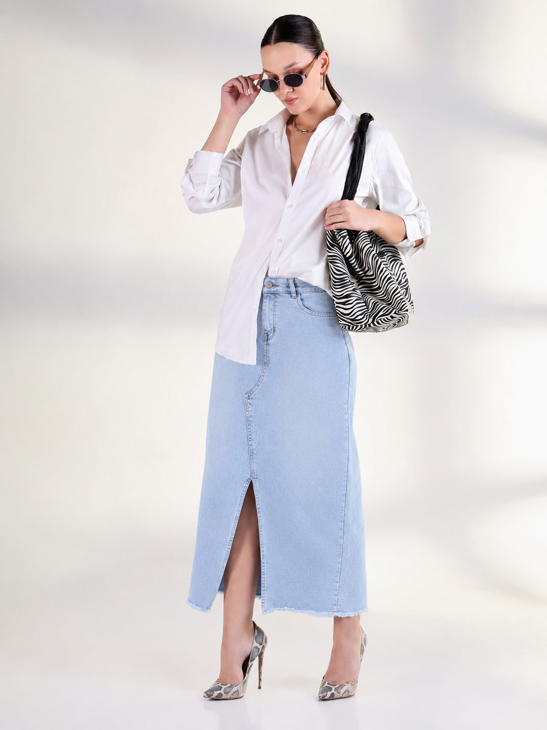Women's Light Blue Pencil Maxi Denim Skirt with Front Slit