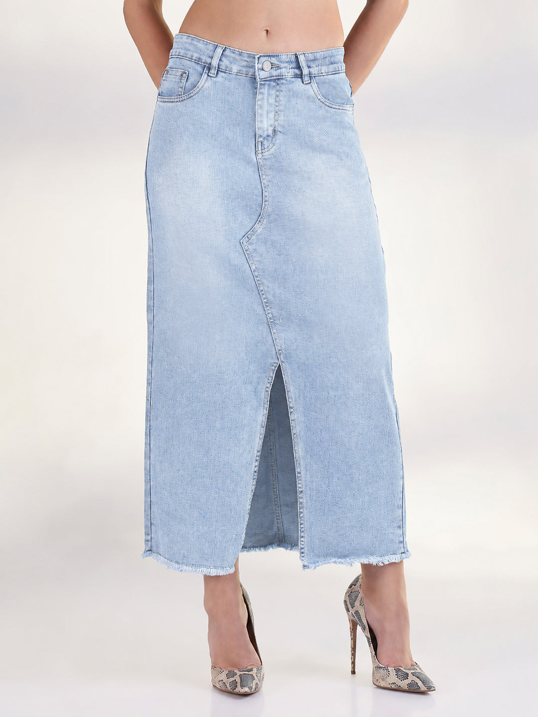 Women's Light Blue Pencil Maxi Denim Skirt with Front Slit