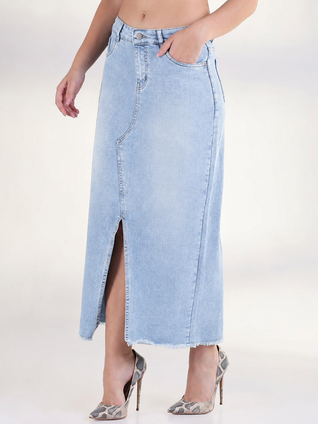Women's Light Blue Pencil Maxi Denim Skirt with Front Slit