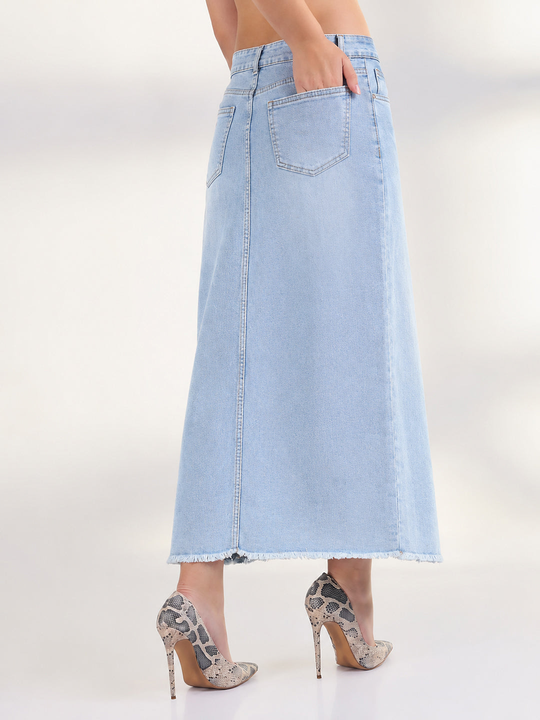 Women's Light Blue Pencil Maxi Denim Skirt with Front Slit
