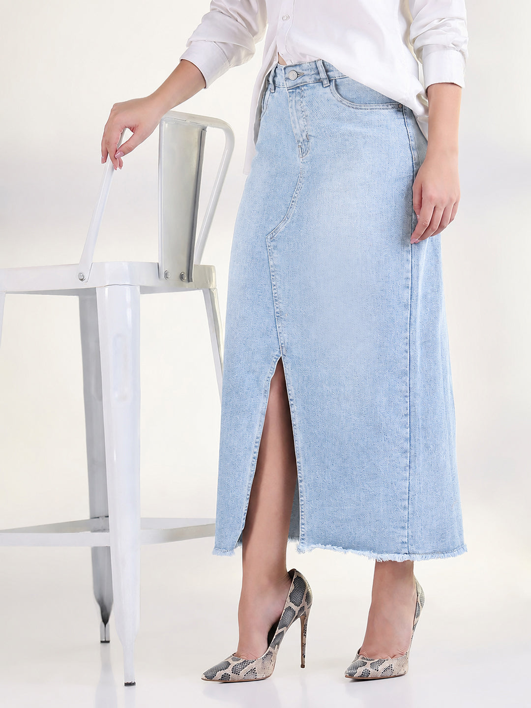 Women's Light Blue Pencil Maxi Denim Skirt with Front Slit