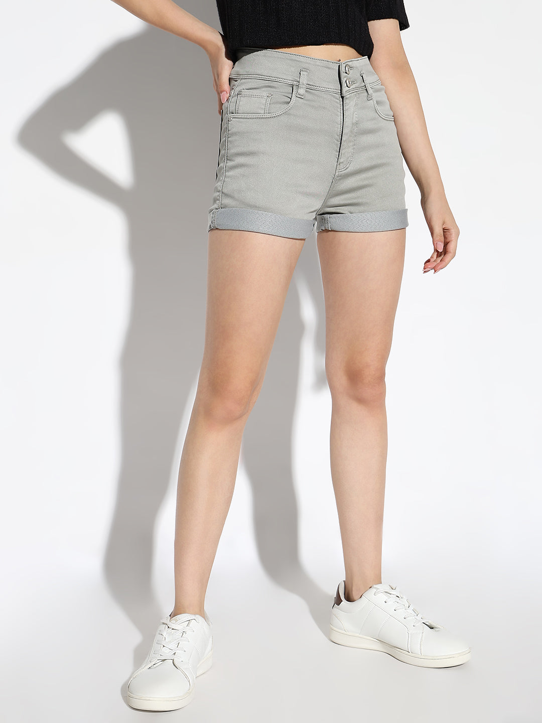 Women Solid Grey Denim Shorts