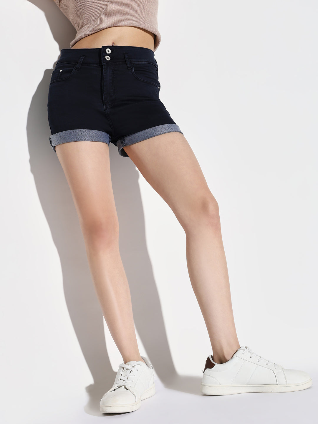 Women Navy Blue Solid Denim Shorts