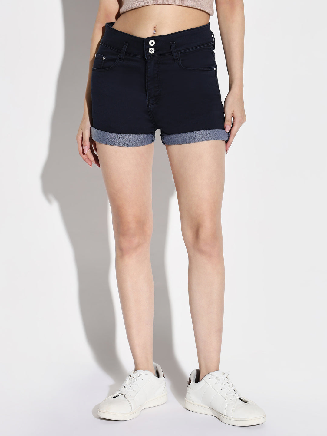 Women Navy Blue Solid Denim Shorts