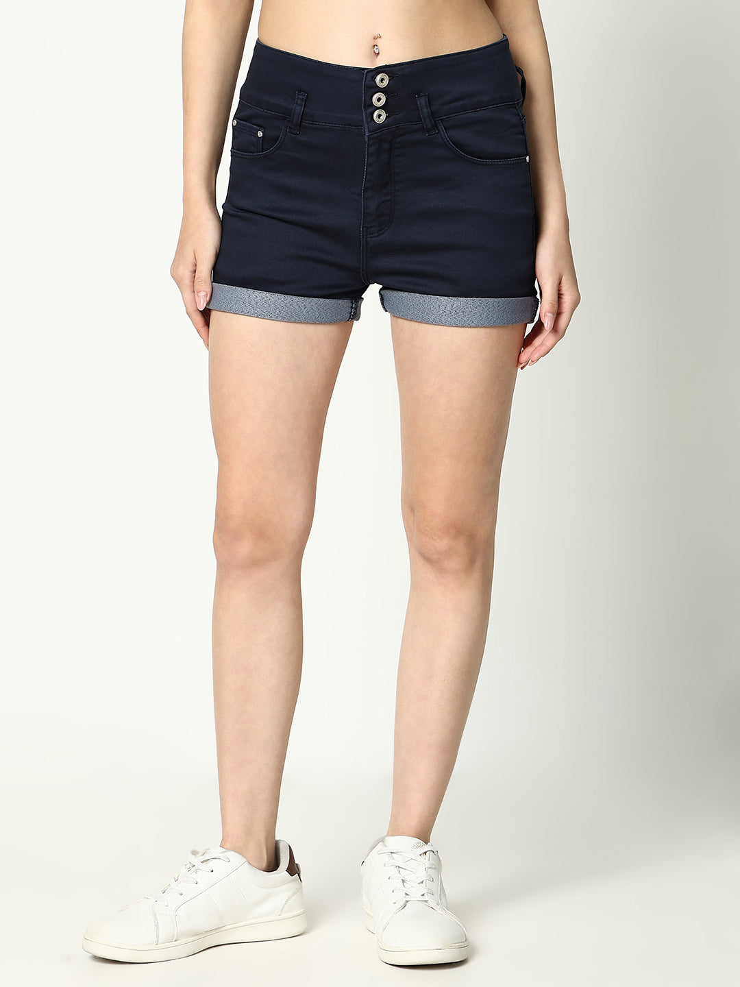 Women Solid Navy Blue Shorts