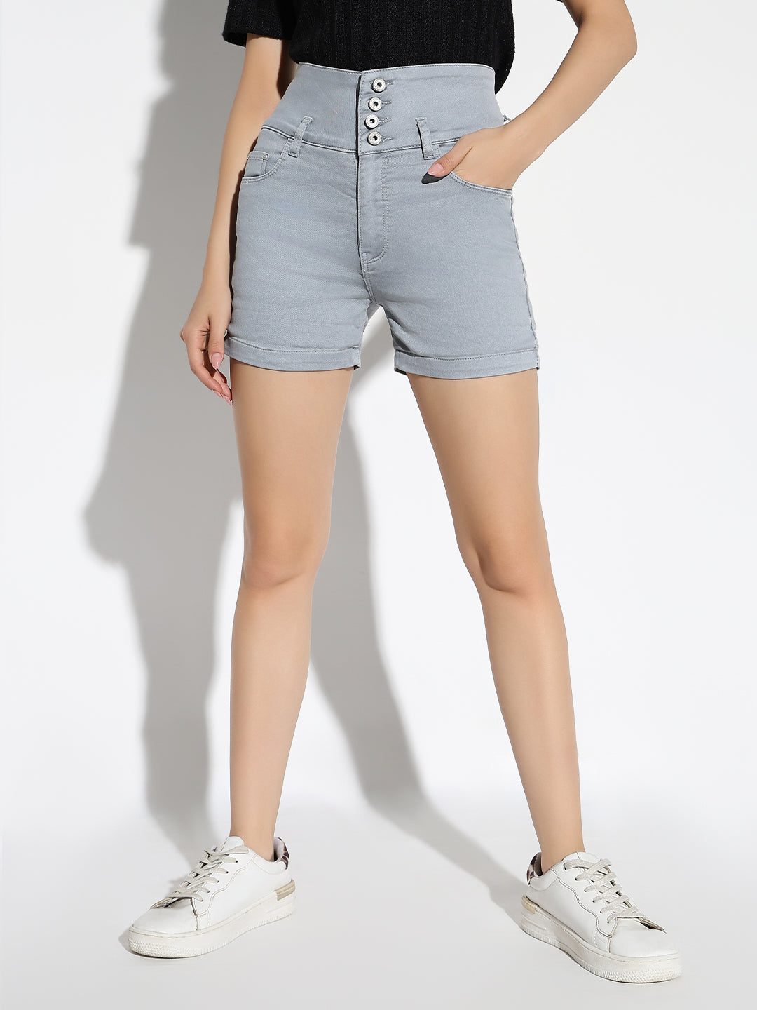 Women Solid Grey Denim Shorts