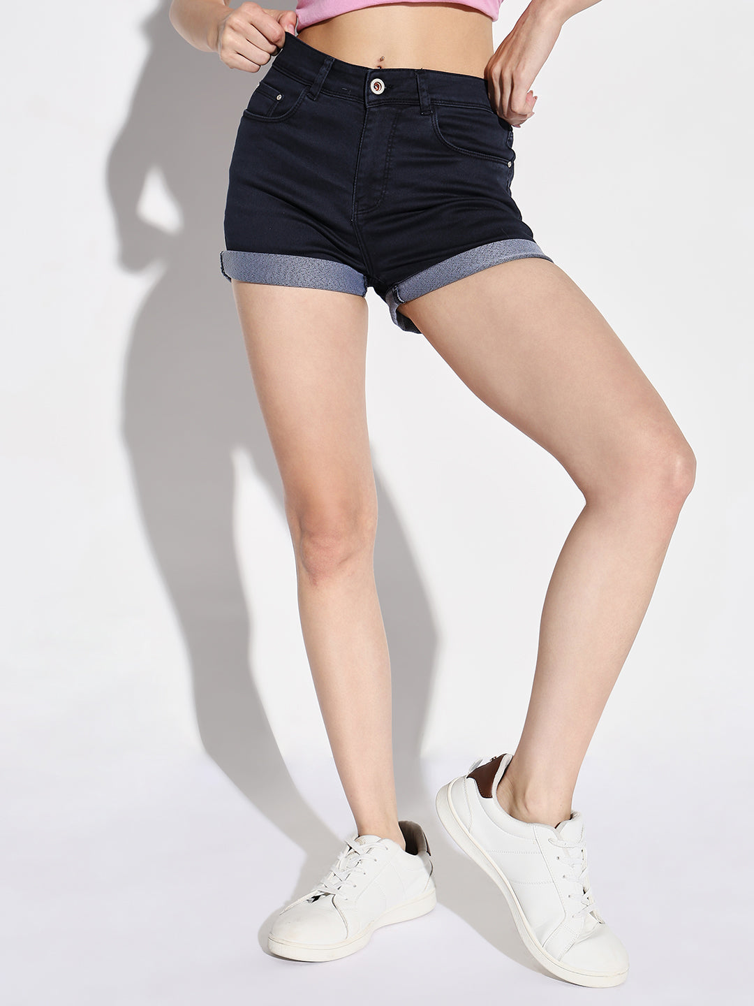 Women Navy Blue Solid Denim Shorts