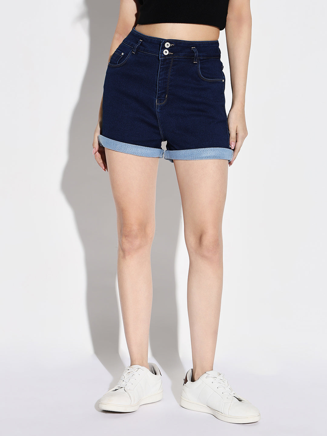 Women Navy Blue Solid Denim Shorts